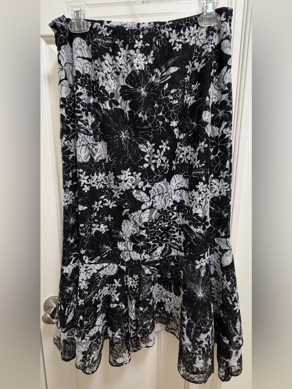 Black & White Floral Maxi Skirt with Ruffle Hem